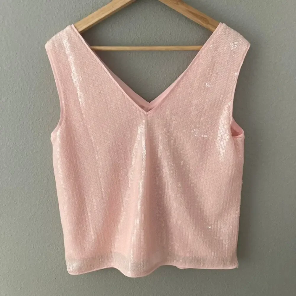 J. Crew NEW Sequin V Neck Shell Pink Medium